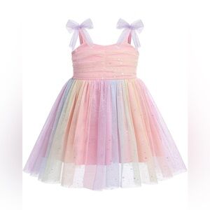 Rainbow tulle dress with bow shoulder
